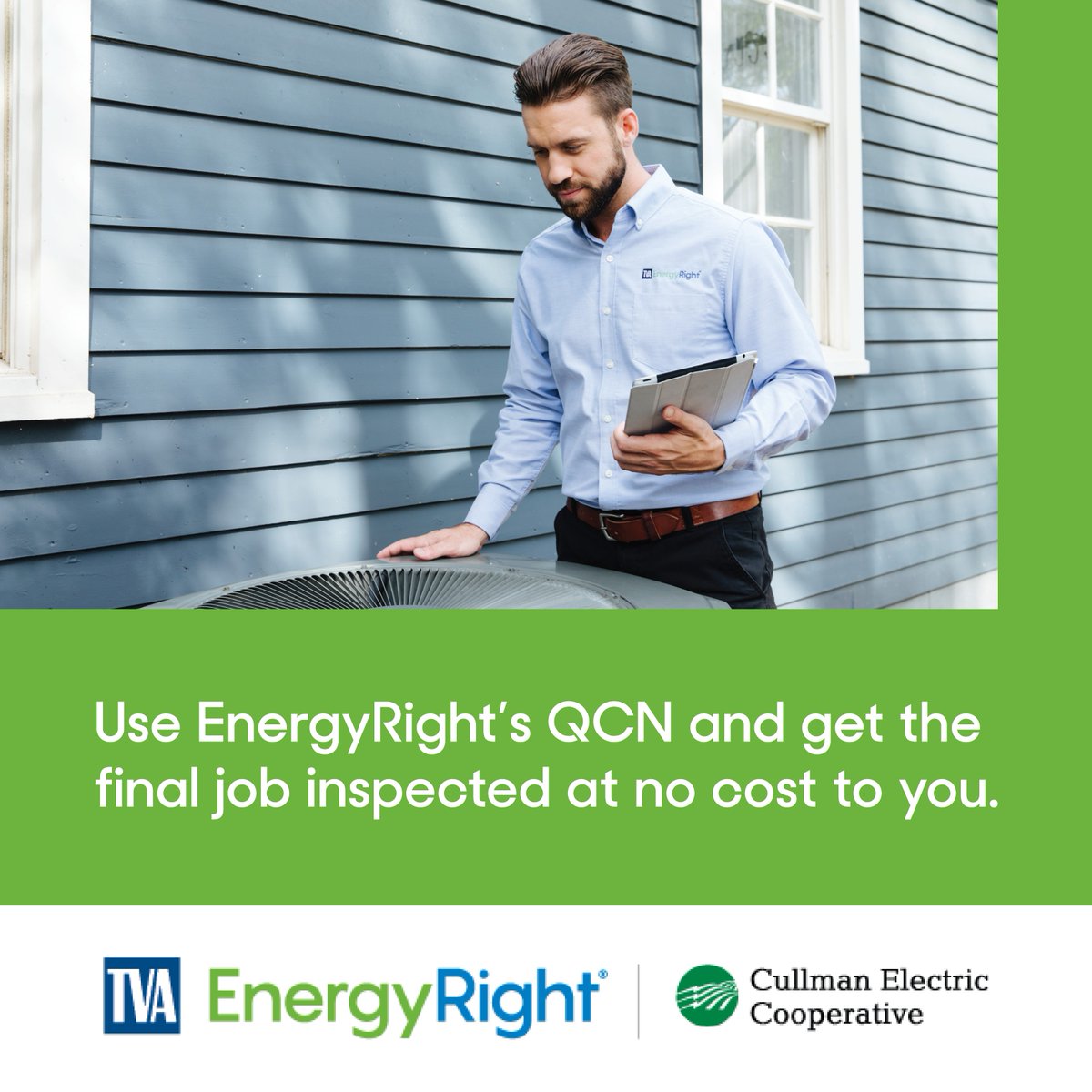Make sure you hire a certified contractor you can trust! TVA EnergyRight has made finding contractors easy through its Quality Contractor Network (QCN). Visit energyright.mytva.com/Contractor/QCN… to learn more. 

#CullmanEC #PowerfulConnections #BrighterFutures