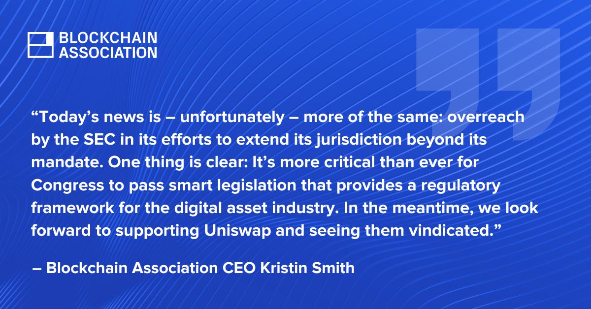 The following statement is attributed to @BlockchainAssn CEO @KMSmithDC on @Uniswap receiving a Wells Notice from the SEC: