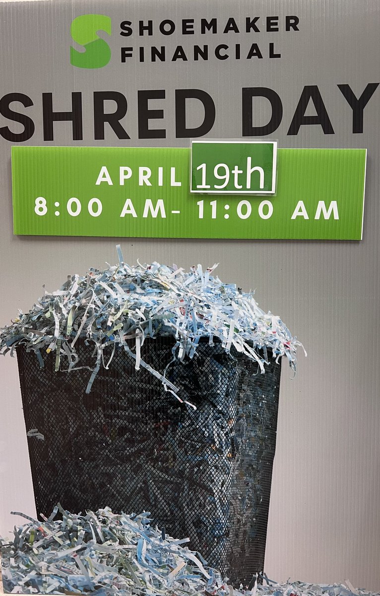 ShoemakerFin's tweet image. Shoemaker’s Shred Day is coming up fast! Come get all your pesky papers shredded with us! You don’t have to be a client to join the fun!