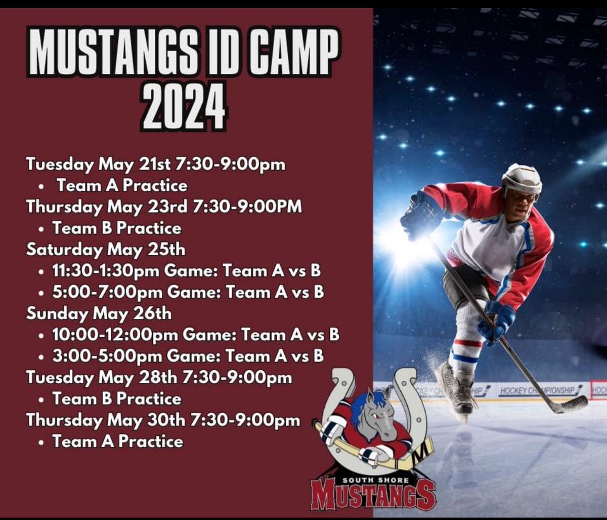 Mustangs’ Spring ID Camp - May 21 - 30, 2024. 

Registration now open. 

Email Mike Conklin: ssmustangspresident@gmail.com to reserve your spot!