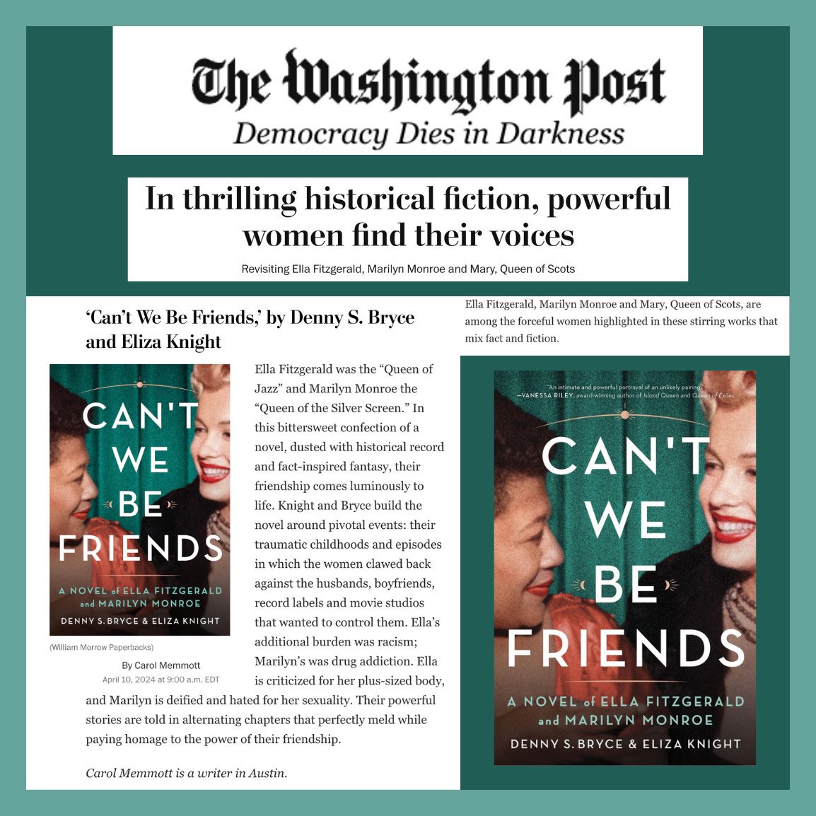 How beautiful is this! CAN’T WE BE FRIENDS is reviewed in the @washingtonpost ! @ElizaKnight and I are overjoyed! Go here for the entire article bit.ly/49wzzsr Thank you @WmMorrowBooks @HarperCollins @TallPoppyWriter