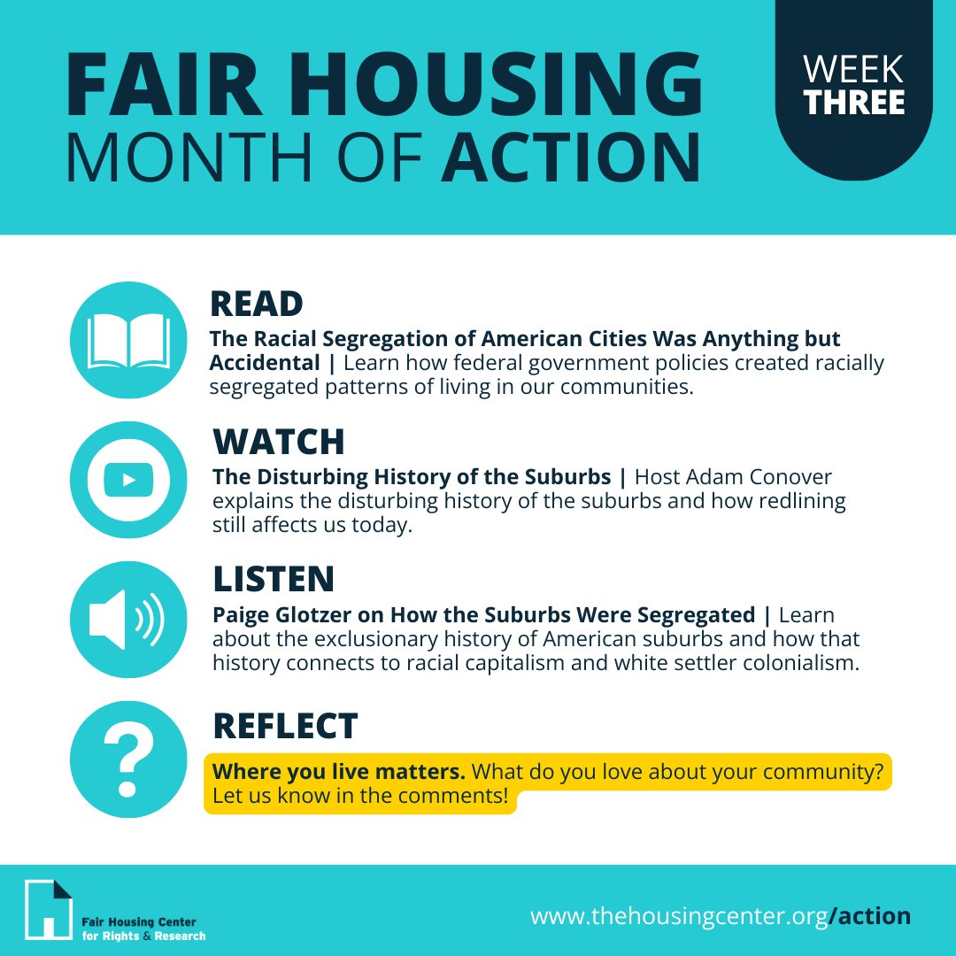 It’s week 3 of #FairHousingMonthOfAction! Check out this week’s action items, then head over to thehousingcenter.org/action to get in on the action!
