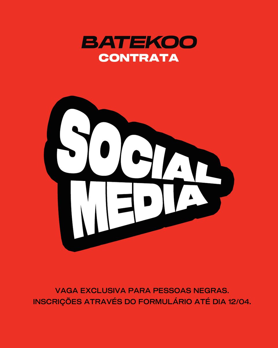 batekoo's tweet image. Tem vaga aberta no nosso time! 📢

Estamos buscando uma pessoa para cuidar das redes da BATEKOO! Você é ou conhece essa pessoa? 

Pra se candidatar, basta preencher o formulário que está disponível abaixo até o dia 14/04! Após a seleção dos currículos, as pessoas escolhidas serão…