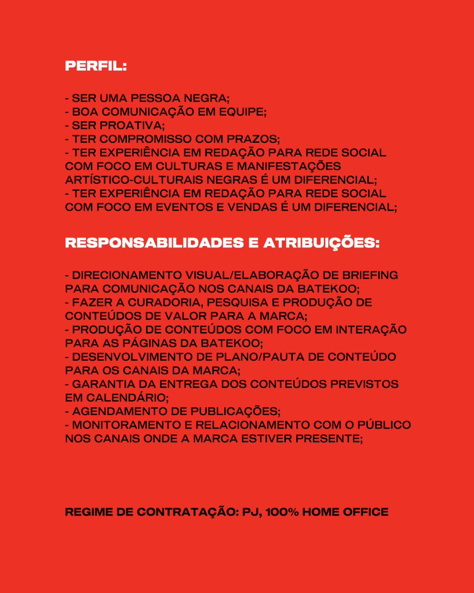 batekoo's tweet image. Tem vaga aberta no nosso time! 📢

Estamos buscando uma pessoa para cuidar das redes da BATEKOO! Você é ou conhece essa pessoa? 

Pra se candidatar, basta preencher o formulário que está disponível abaixo até o dia 14/04! Após a seleção dos currículos, as pessoas escolhidas serão…