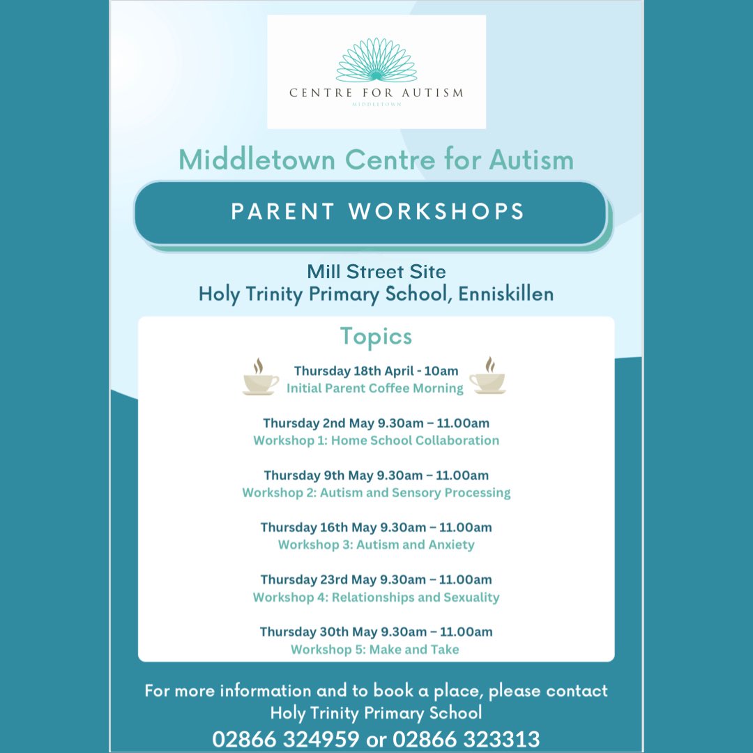 Holy Trinity is delighted to be working in collaboration with Middletown Centre for Autism at a whole school level this year. In the coming months we are running some parent events. To register to attend on any or all dates please contact us on ☎️02866324959 or 02866323313