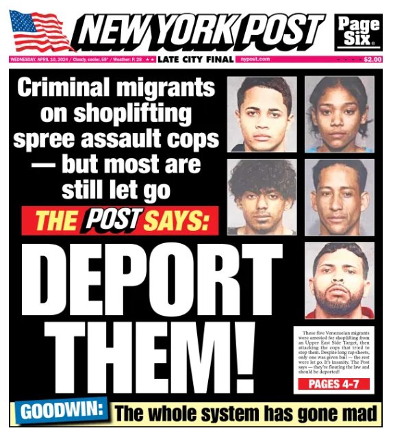 DEPORT them & CLOSE the border NOW! There is *zero* common sense left in the Democrat Party. American businesses, law enforcement & innocent citizens should not be forced to suffer under this insanity. @mgoodwin_nypost is right — the whole system has gone mad.