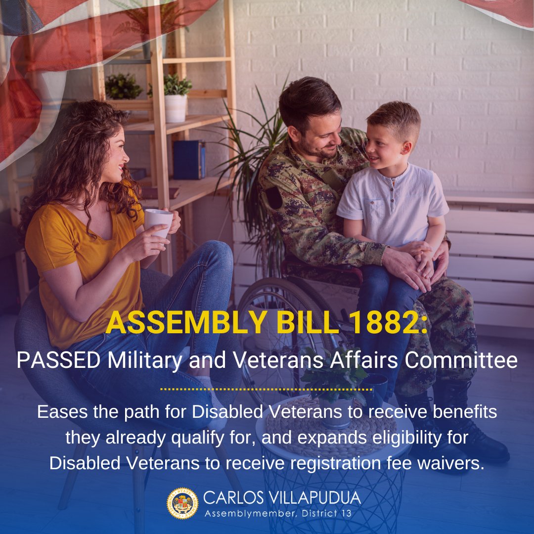 I am excited to share that my #AB1882 recently passed out of the Assembly Committee on Military and Veterans Affairs! This is an important step to ensure disabled veterans receive critical benefits for their transportation needs.