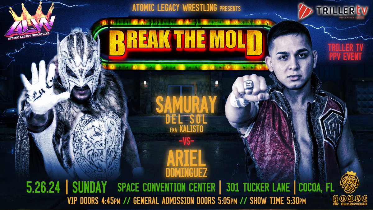 ALW @WrestlingAtomic is excited to announce this HISTORIC 1st time ever match for Sunday May 26th in Cocoa Florida! @gloat vs. Ariel Dominguez Get your tickets NOW at the link below: eventbrite.com/e/alw-break-th…