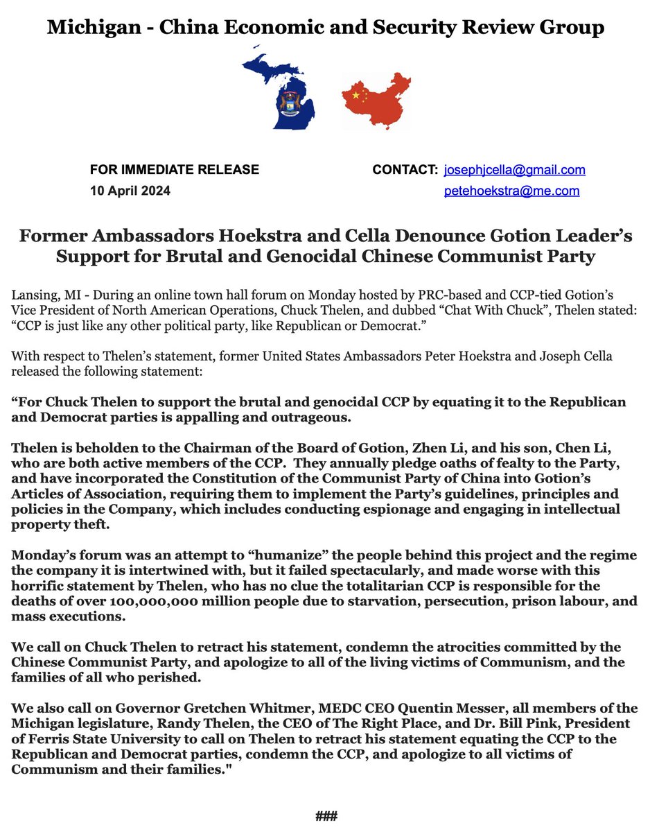 PRC-based and CCP-tied @Gotion48660 VP of North American Operations, Chuck Thelen, equates Chinese Communist Party to the Republican and Democrat political parties during propaganda online town hall saying: 'CCP is just like any other political party, like Republican or…