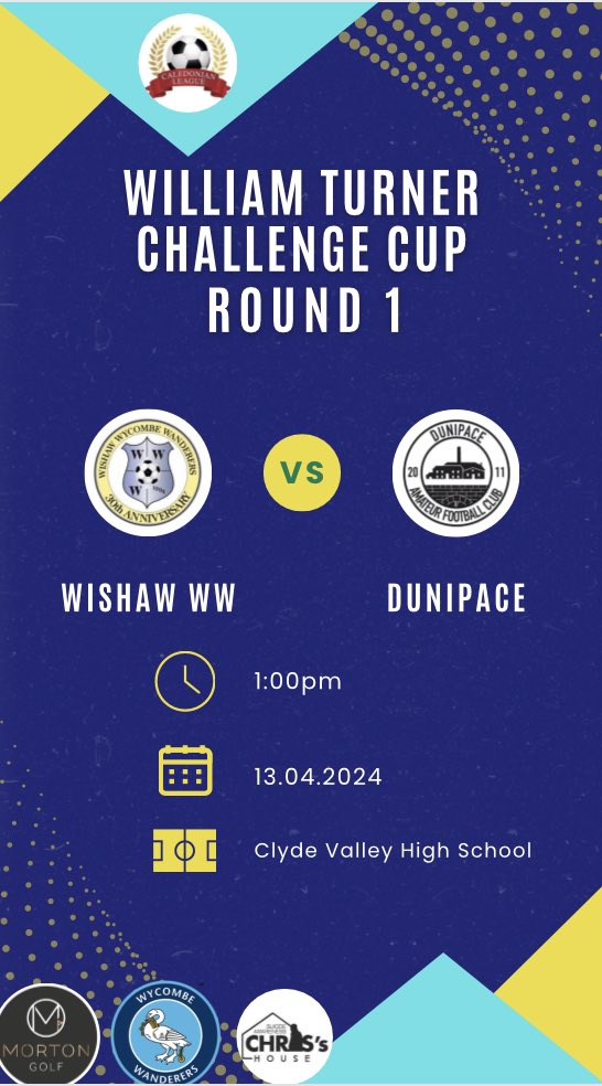 🆚 Dunipace 🏆 William Turner Challenge Cup - R1 📅 13.04.2024 🕐 1:00pm 🏟️ Clyde Valley High School @DunipaceAFC @MortonGolfing @scottish_aff @CaledonianAFA @bluntphil @nlcpeople @PressSport