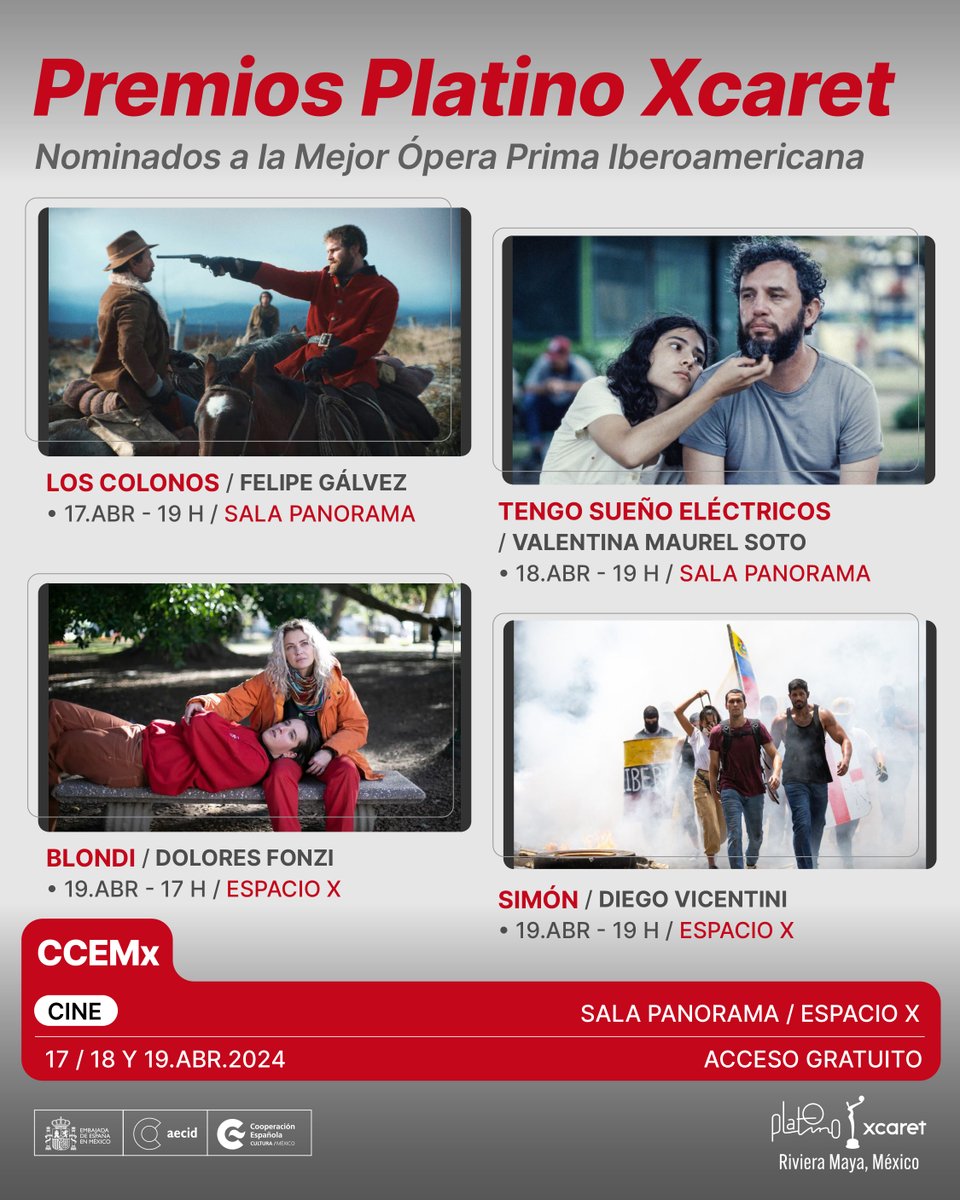 Los @PremiosPLATINO regresan a 🇲🇽 y te invitamos a disfrutar de las películas nominadas: 🇨🇱Los colonos, de Felipe Gálvez 🇨🇷Tengo sueños eléctricos, de Valentina Maurel Soto 🇦🇷Blondi, de Dolores Fonzi 🇻🇪Simón, de Diego Vicentini 🔗bit.ly/43Hh7vS #PLATINOXcaretRivieraMaya