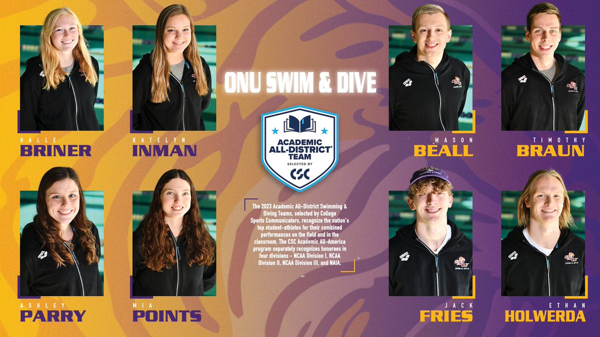 𝗖𝗦𝗖 𝗔𝗰𝗮𝗱𝗲𝗺𝗶𝗰 𝗔𝗹𝗹-𝗗𝗶𝘀𝘁𝗿𝗶𝗰𝘁📚🏊 A total of eight ONU student-athletes were named to the 2023-24 Academic All-District Men’s and Women’s Swimming & Diving Teams, selected by College Sports Communicators! 📰Full story: tinyurl.com/dzde394 #ForONU