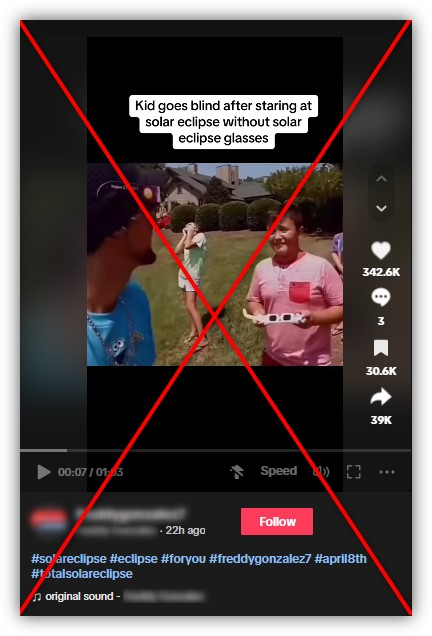 ❌ This video does not show a child blinded by staring at the recent solar eclipse over North America. The clip is from a 2017 YouTube skit highlighting the dangers of watching the phenomenon without special glasses u.afp.com/5QXw