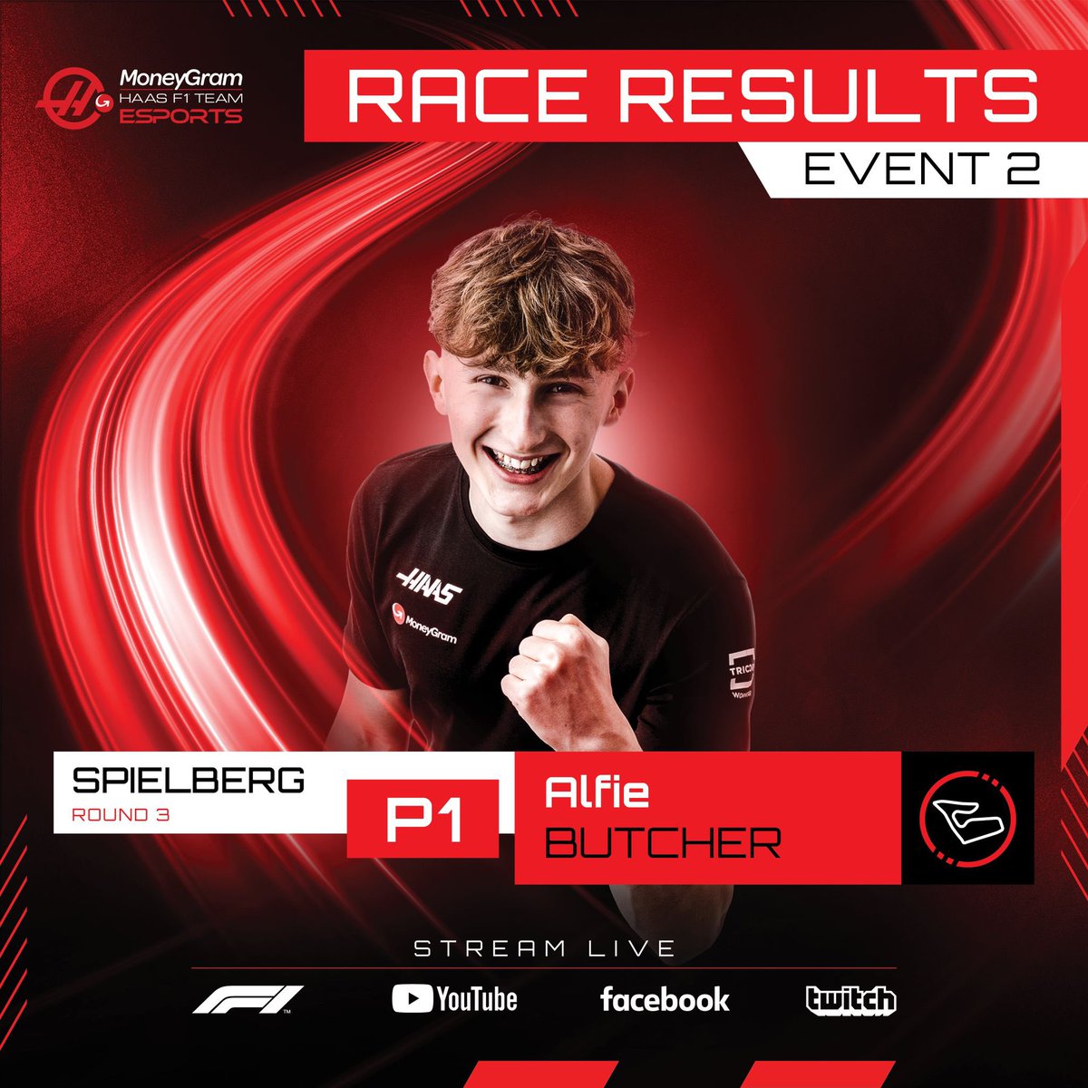 What a display from @AlfieButcherr 👏👏👏 MoneyGram Haas F1 Team Esports takes its first win the in @F1 Sim Racing World Championship this season! #HaasF1 #F1Esports