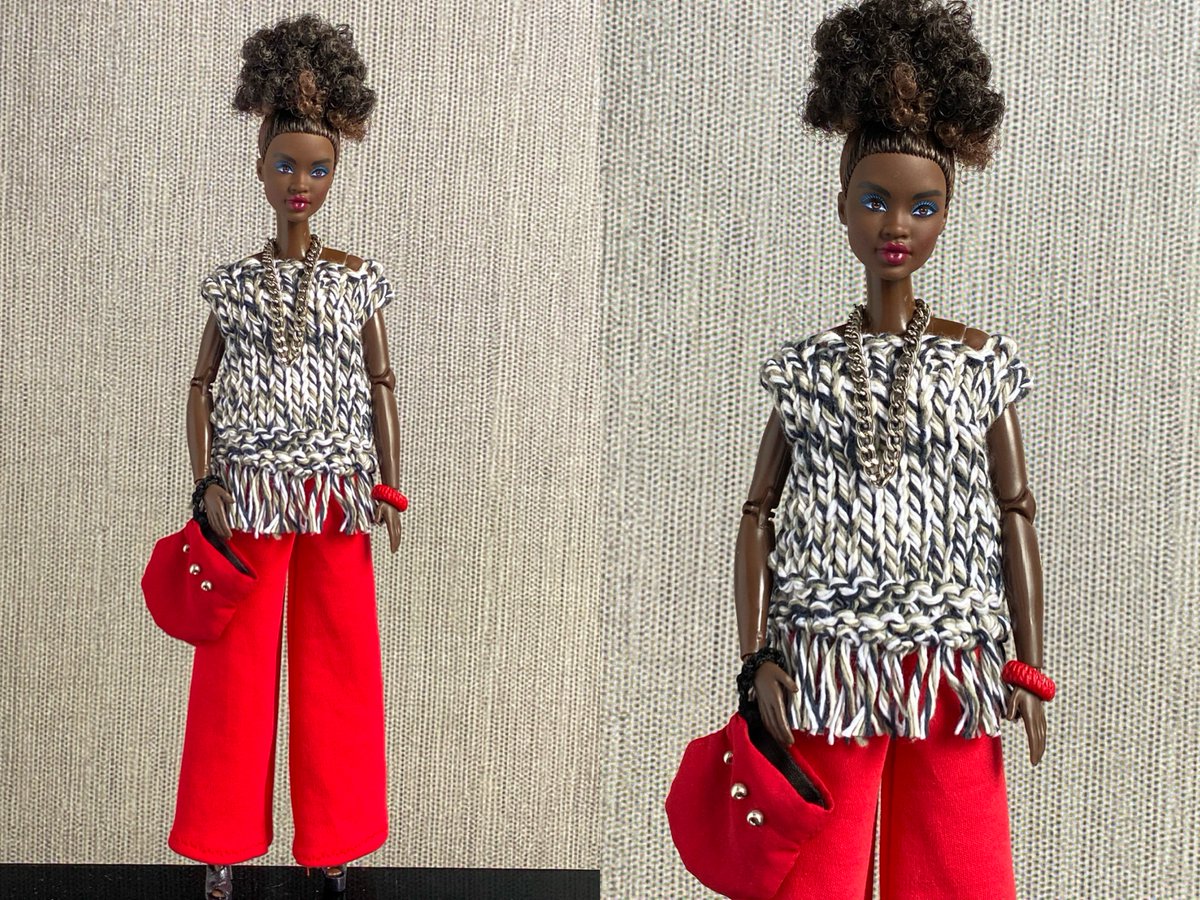 Handmade Fashion Doll beige and black hand knit top, red wide  by BCtogs etsy.me/49rvOER via @Etsy #barbie #barbiedoll #barbiegirl #barbiedollclothes #handmade #handmadebarbiedollclothes #dollclothes #dolls #dollcollector #barbiecollector #dollphotographer #barbiemovie