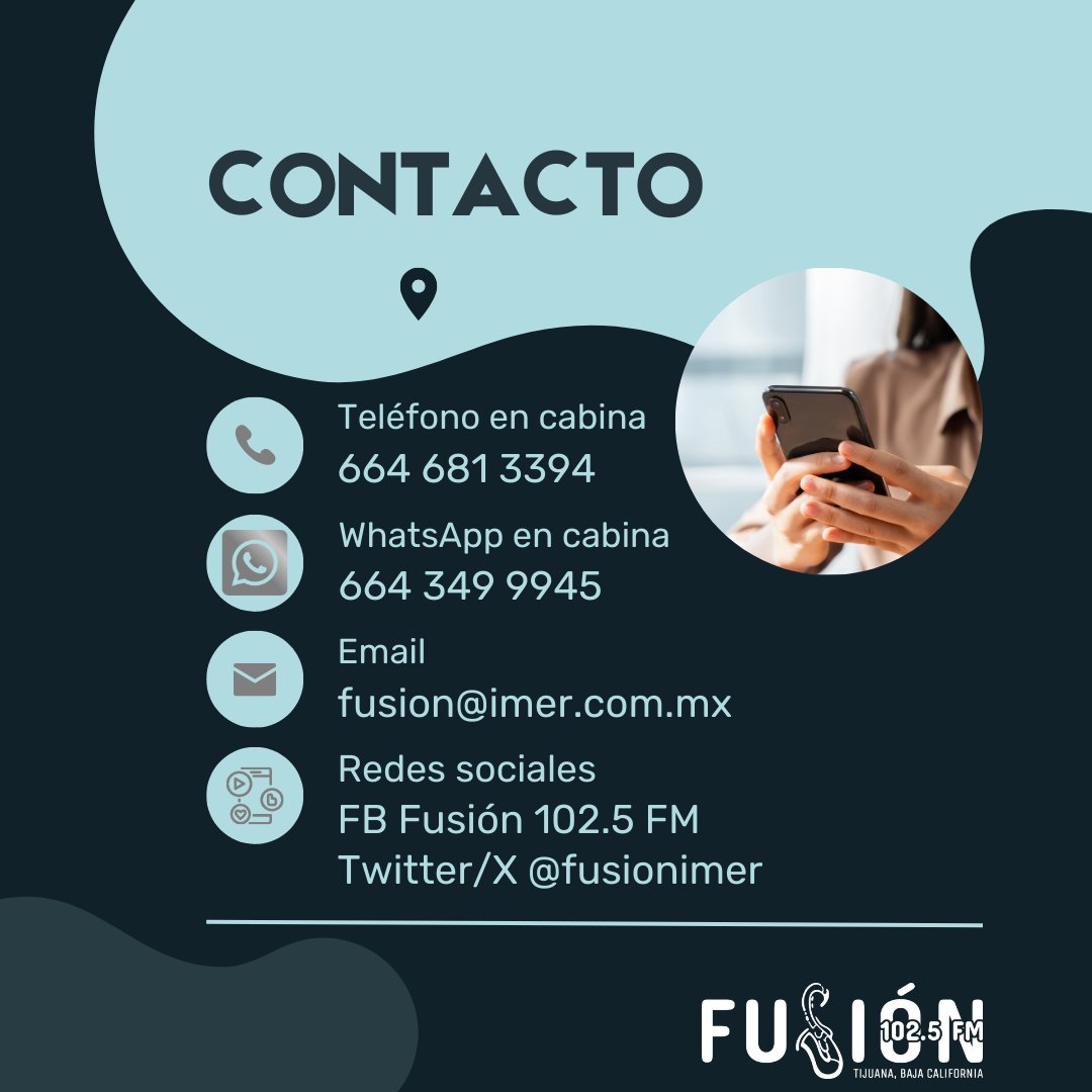 ¡Comunícate con nosotros! 📲 Llámanos a cabina al 664 681.3394, síguenos en X/Twitter, búscanos en facebook.com/fusion1025FM, escríbenos a fusion@imer.com.mx o mándanos un WhatsApp al 664 349 9945. imer.mx/fusion