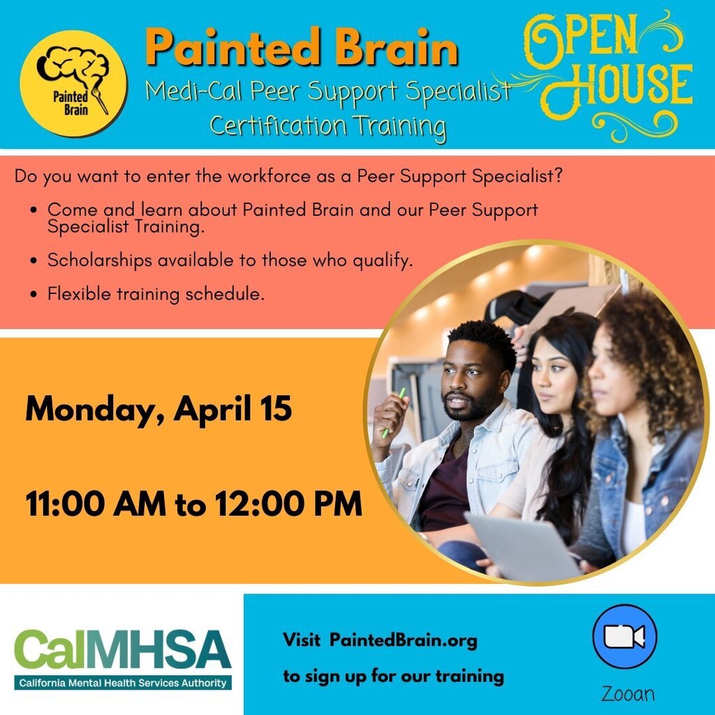 We are reaching out to invite you to our upcoming Medi-Cal Peer Support Specialist Certification Training Virtual Open House. Upcoming Training at Painted Brain will be starting soon. If you have already signed up with us, joining the open house is not… instagr.am/p/C5l_d0esGSO/