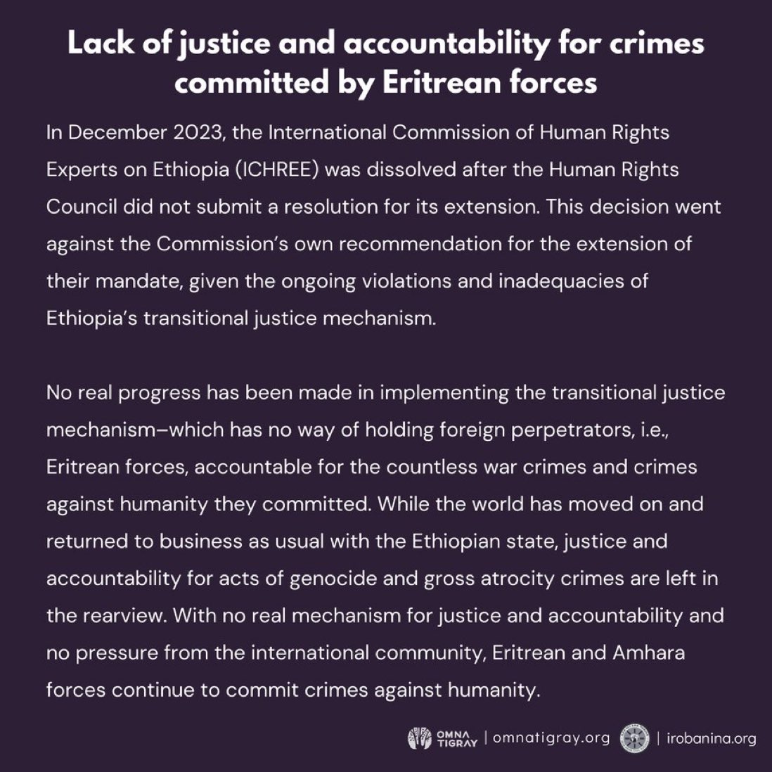In Dec 2023, @UN_HRC's #ICHREE was dissolved. Since then, significant progress hasn't been made in implementing🇪🇹's transitional justice mechanism–which has no way of holding 🇪🇷 forces accountable for countless war crimes and crimes against humanity. #Justice4Tigray @UN_HRC @WFP