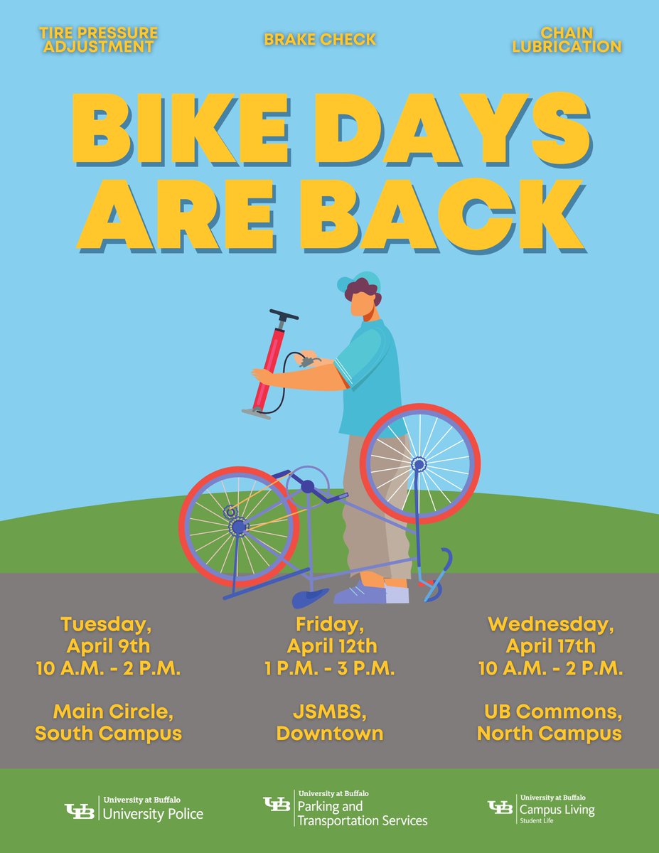 Biking downtown tomorrow? Swing by the JSMBS to have your bike serviced! 🧑‍🔧🚲 We'll be downtown from 1 p.m. until 3 p.m. for our second Bike Days event of the week! Can't make it? No problem! We'll be on North Campus, Wednesday 4/17! #UBuffalo #UBMobility