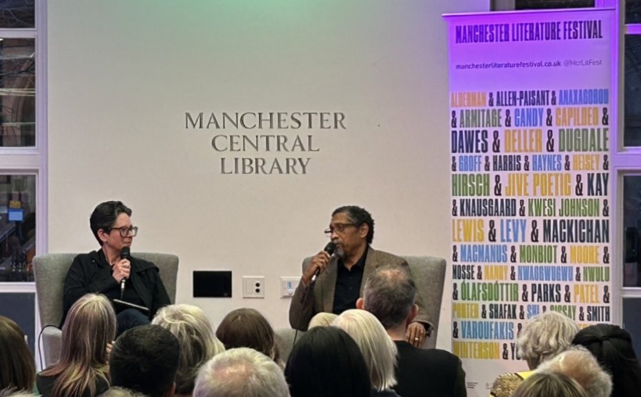 Day, month, year made! An absolutely incredible event tonight with my favourite author Percival Everett. Just like his books he was wise, intelligent, thought provoking and very, very funny. A huge thank you to @sarahjanewriter, @mcrlitfest, @EricaWgnr and @CamillaElworthy!