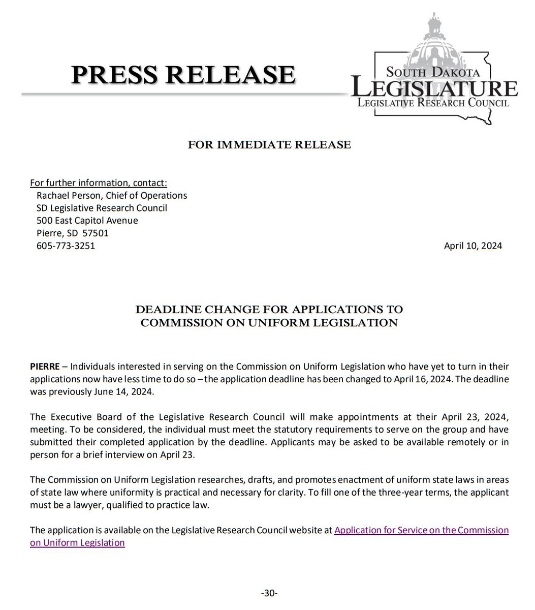 Deadline change for applications to Commission on Uniform Legislation