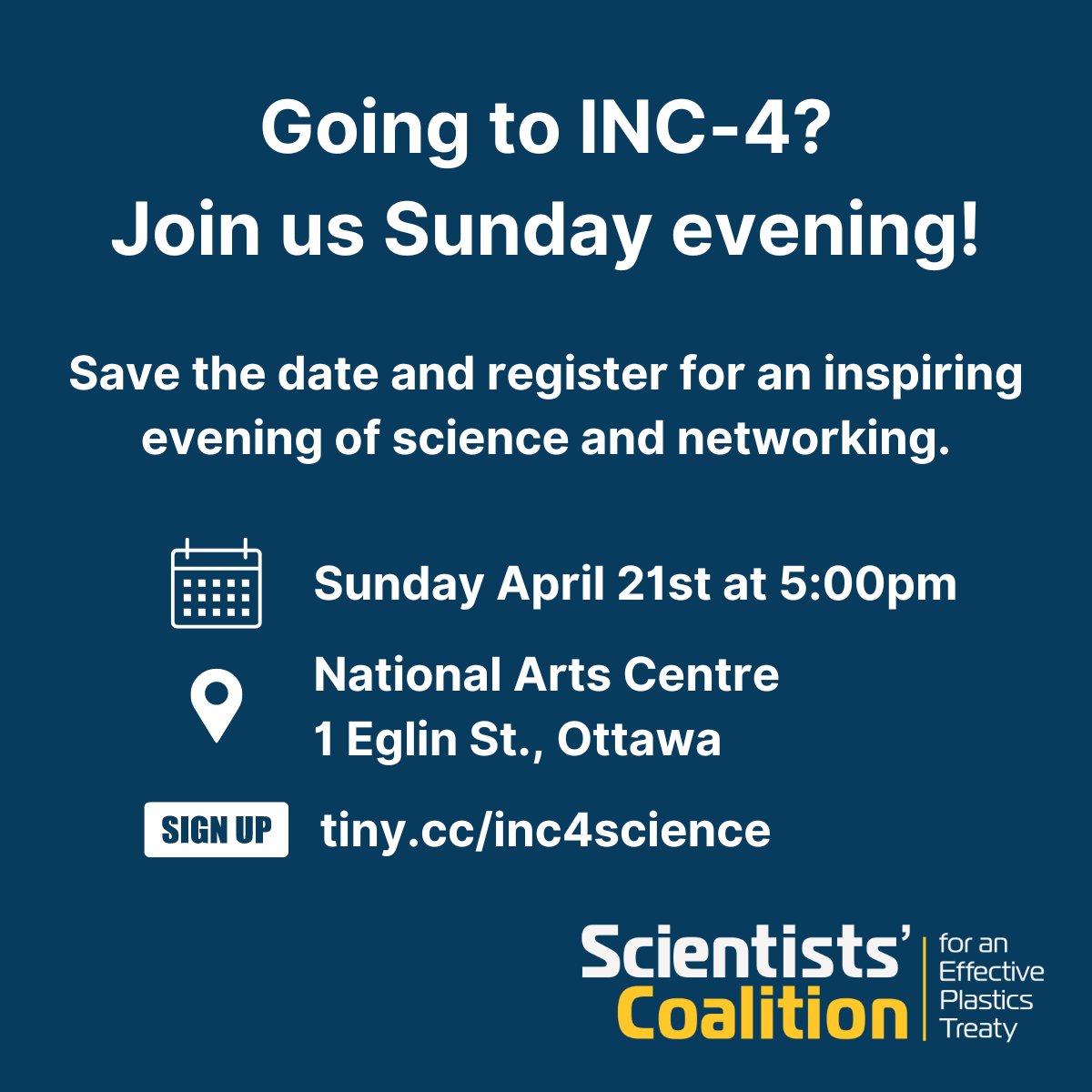 📣 Looking forward to the @Scientists_Coa reception in Ottawa ahead of #INC4 on Sunday April 21st! It will be an event not to miss - join us in person or follow it live online! Registration is open ➡️tiny.cc/inc4science #PlasticTreaty