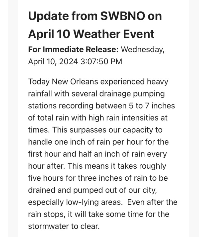 Update: From ⁦@SWBNewOrleans⁩ - 5 hours or so before all water is drained in #Nola. More ⁦@wdsu⁩