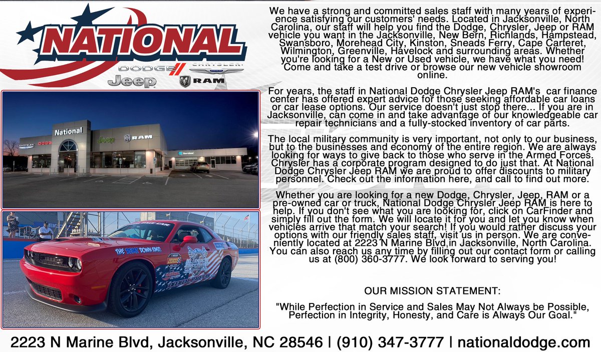 Thank you @NationalDCJR. If you're in the market for a new vehicle, give them a visit. Located on highway 17 in Jacksonville.