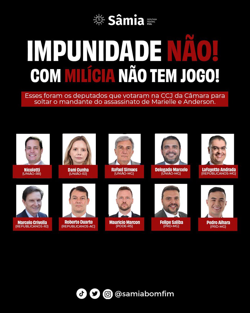 ATENÇÃO: estes são os rostos, nomes e partidos dos deputados que votaram na CCJ para que o mandante do assassinato de Marielle fosse solto. O Brasil não esquecerá! A luta agora é no plenário, nos ajude: pressione os parlamentares do seu estado a votarem a manutenção da prisão!