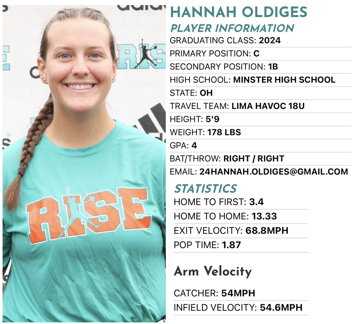 💻RISE “Profile of the Day”💻 • 2024 RISE Player-Hannah Oldiges @HannahOldiges (Minster HS & Lima Havoc); showed a long finish in the swing, w/ strong hands at contact. Fundamentally sound player, w/ a strong secondary stance and rhythm in her throws. • risesoftball.com/players/hannah…