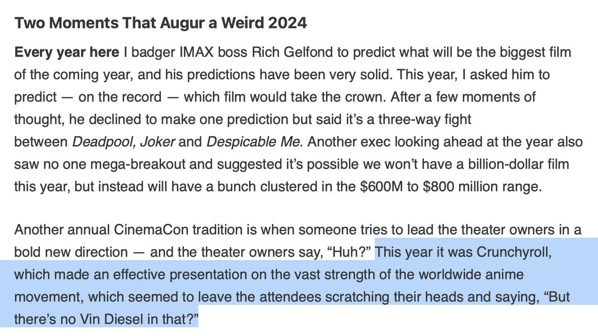 Theater owners should listen to their friends at Crunchy Roll. They're cool dudes. They're trying to help theater chains out! theankler.com/p/fear-and-kve…