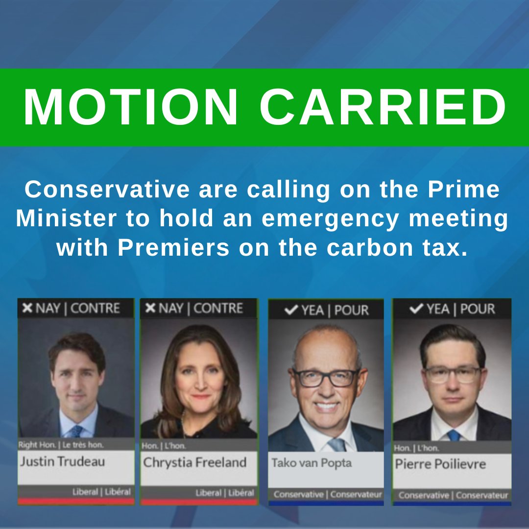 BREAKING: Trudeau is refusing to meet with 6 premiers who wrote to him asking to discuss alternatives to his cruel carbon tax. Just now, our motion to demand that Trudeau hold this meeting was passed! It’s clear that Canadians need relief, not more taxes. #cdnpoli #AxeTheTax