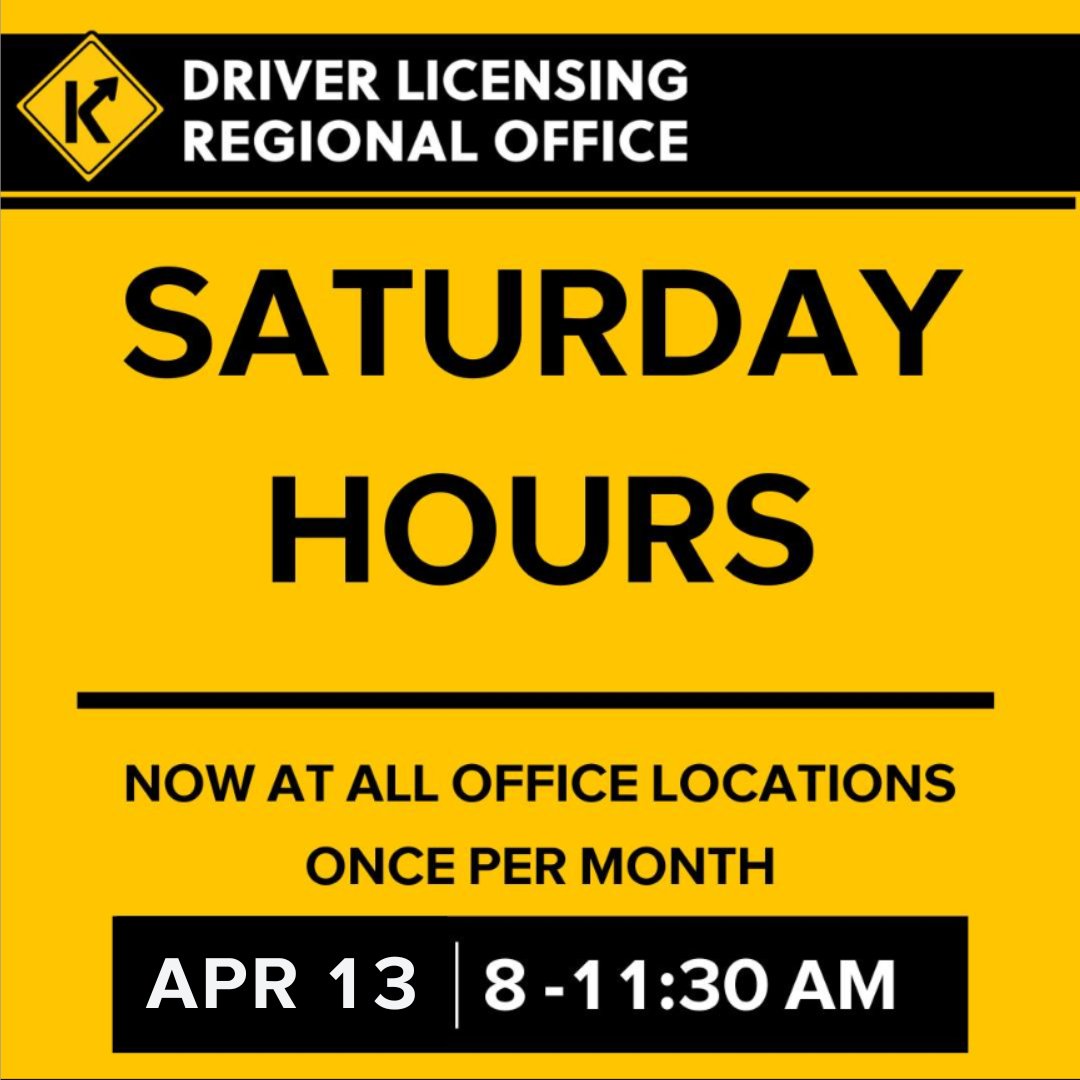 Driver licensing services will be offered to walk-in customers from 8 a.m. to 11:30 a.m. on Saturday, April 13, 2024. No appointment needed. This DOES NOT include driver testing services offered by the Kentucky State Police. Location information: drive.ky.gov/Pages/Find-an-…