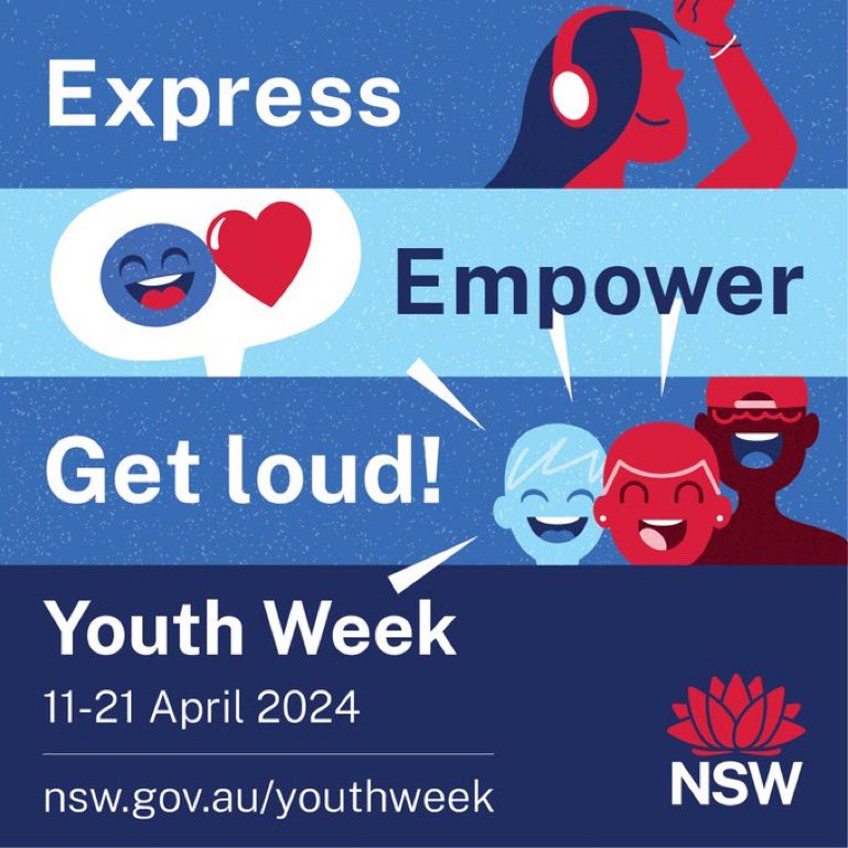 Let's celebrate NSW Youth Week from 11-21 April 2024! This year the theme is Express. Empower. Get Loud! Lots of online activities &amp; events available for young people between 12-24 years of age. Contact your local council or see website for details. nsw.gov.au/arts-and-cultu…