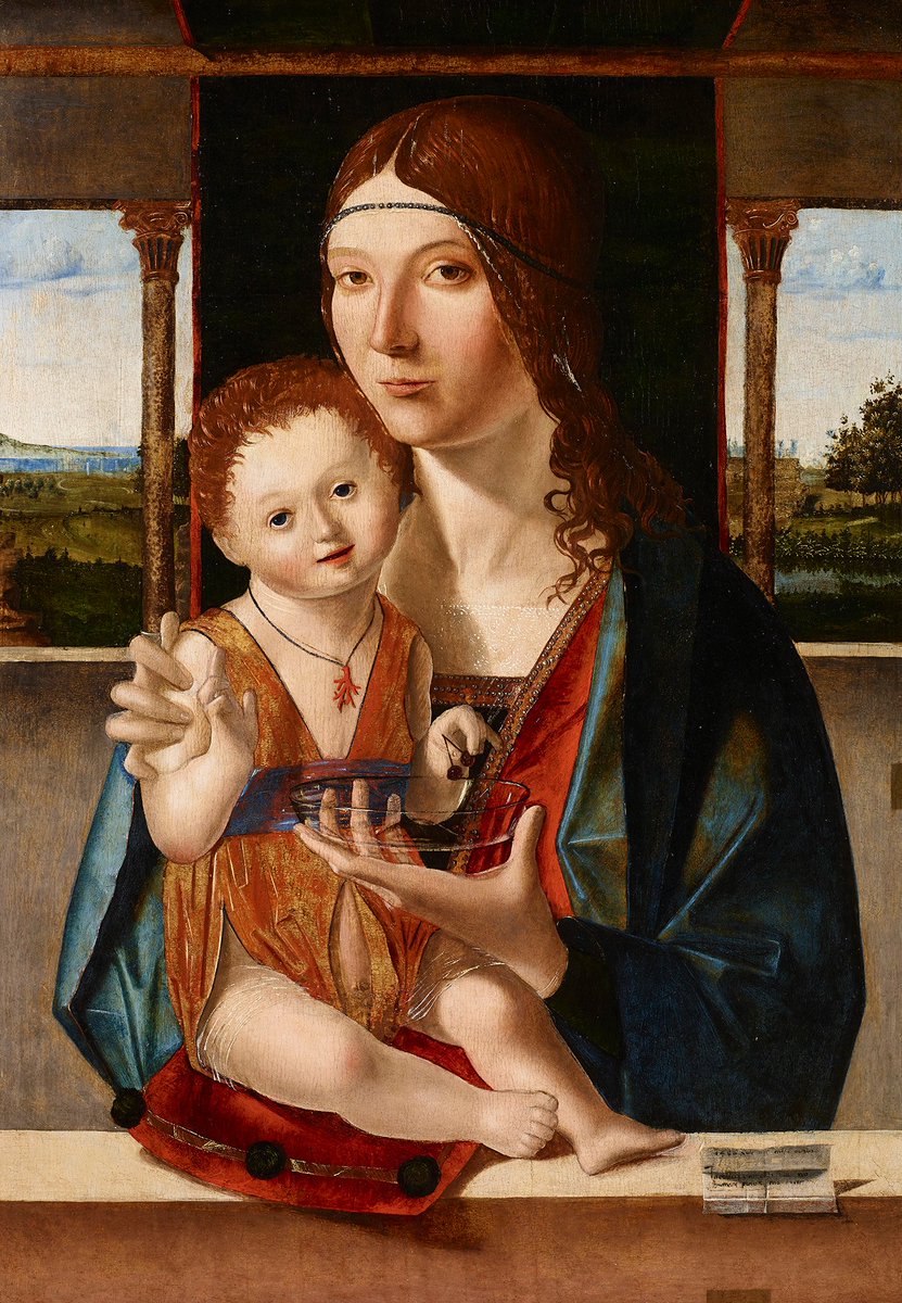 Madonna z Dzieciątkiem 1480r. 66 × 47 cm Antonello da Messina Dzieciątko jest czule trzymane przez Matkę i wybiera wiśnie ze szklanej misy, którą Madonna trzyma w lewej ręce: symboliczny szczegół o zadziwiającym realizmie, stworzony z wielką umiejętnością. Bergamo