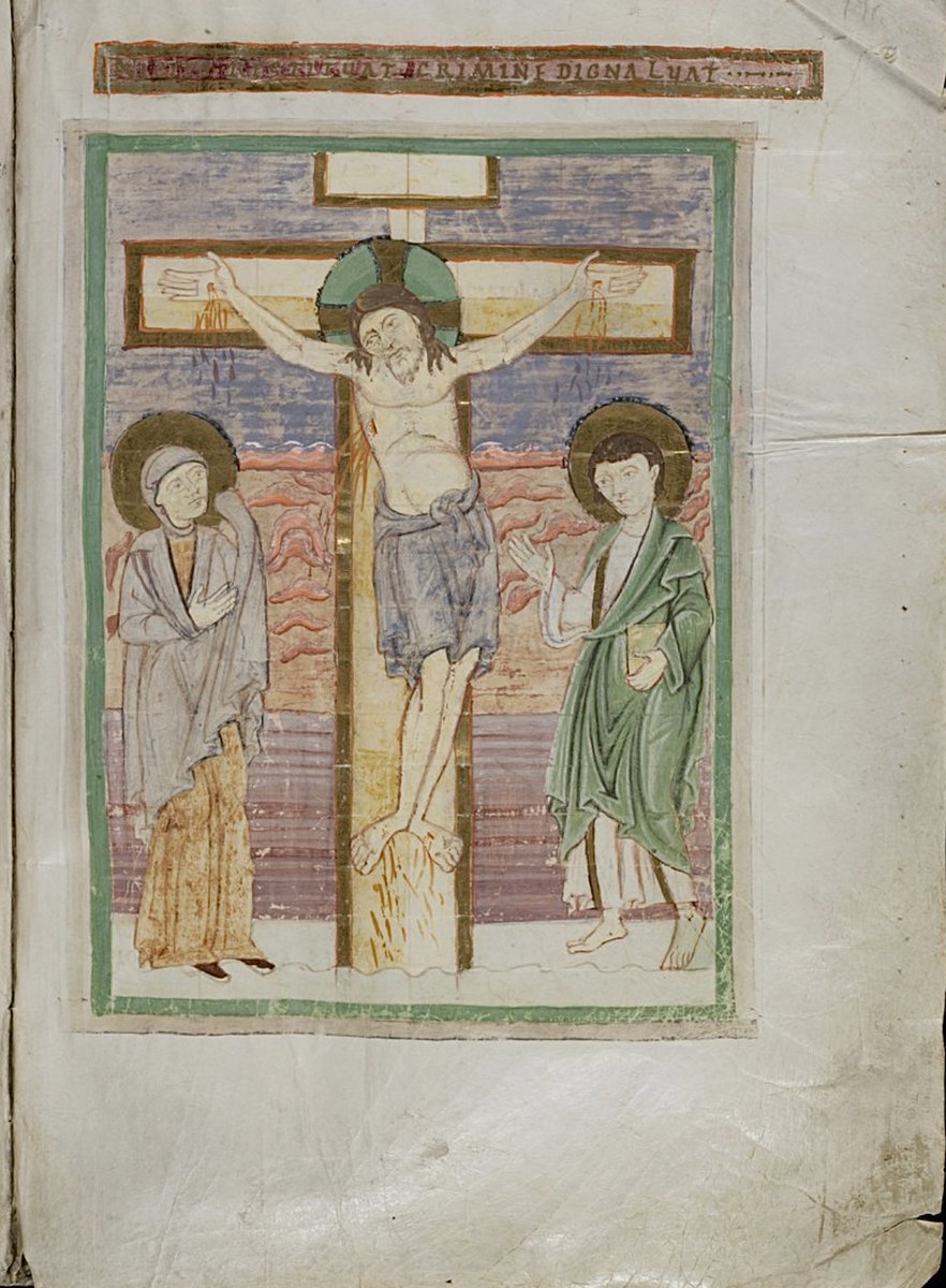 Christ crucified, flanked by Mary and John St. Gallen, Stiftsbibliothek, Cod. Sang. 376; Calendar, Computus, Tropary, Gradual, Sequentiary; middle of the 11th century; St. Gall; p.191 (e-codices.ch/en/list/one/cs…)