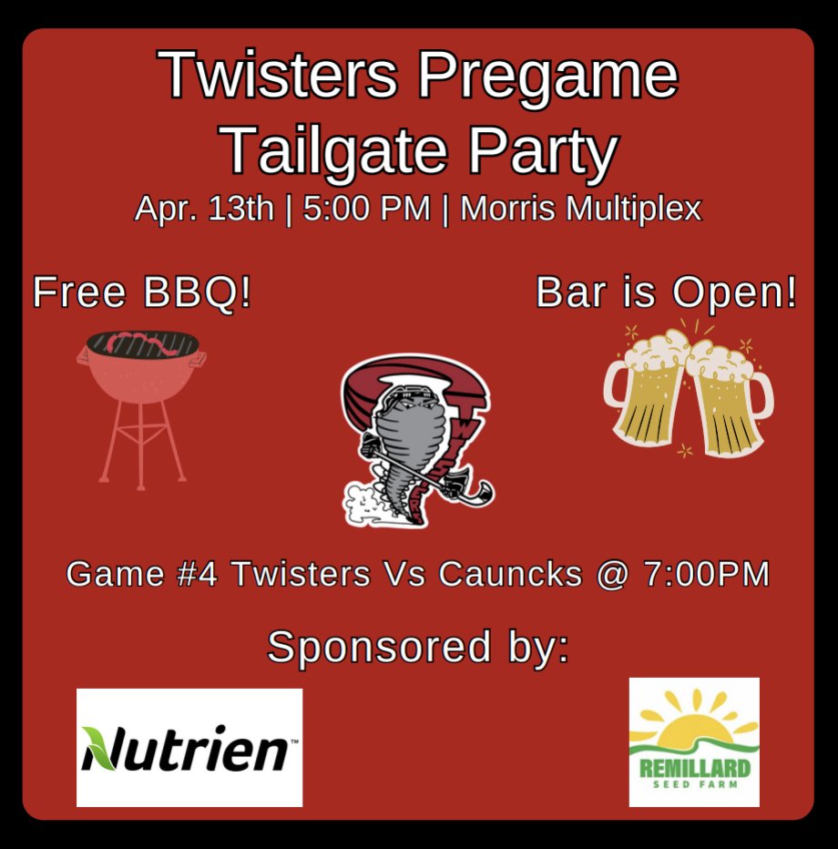 PV_Twisters's tweet image. Join us on Saturday for our Twisters pregame tailgate party! There will be a FREE BBQ, and the bar will be open! It all starts at 5:00PM at the Morris Multiplex. 
The puck will drop for game four at 7:00PM.
