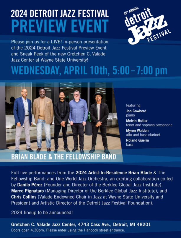 Jazzieeiswhoiam's tweet image. Getting ready to get my jazz on…
Drummer Brian Blade will be the artist-in-residence for the 2024 Detroit Jazz Festival…
He’s giving us a preview this evening…

This is Detroit…
This is who we are…
#Detroit #DetroitJazzFest #DetroitStrong #Jazz #JazzAppreciationMonth