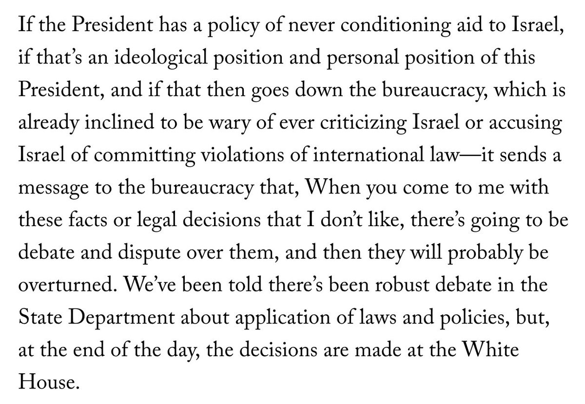 'If the President has a policy of never conditioning aid to Israel…it sends a message to the bureaucracy: When you come to me with facts or legal decisions I don’t like, there’s going to be debate…and then they will probably be overturned.” -@Seharrison7 newyorker.com/news/q-and-a/w…