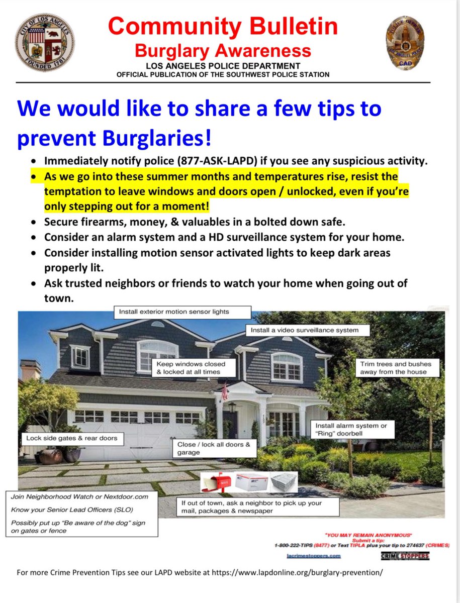 @LAPD_Southwest covers the area around USC University Park @USCDPS, Baldwin Hills, West Adams, Crenshaw, Exposition Park,  and Baldwin Village. We encourage all communities to engage in proactive crime prevention efforts. Please see attached flyer. @LAPPL