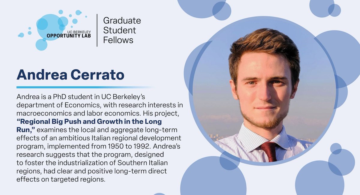 With the support O-Lab's Place-Based Policy Initiative, @_acerrato of @berkeleyecon dedicated his job market paper to examining the effects of a large-scale regional development program in Italy. 🇮🇹 Andrea, we can't wait to see what you'll do next at @BostonFed!
