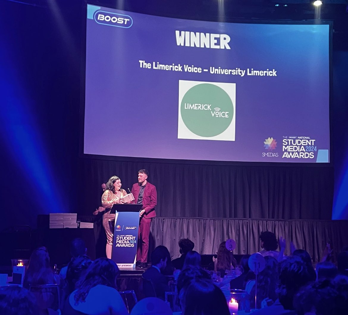 Our editors Molly and Joe accepting the award for Layout and Design of the Year🥳🥳🥳 <a href="/journalismatUL/">UL Journalism</a>