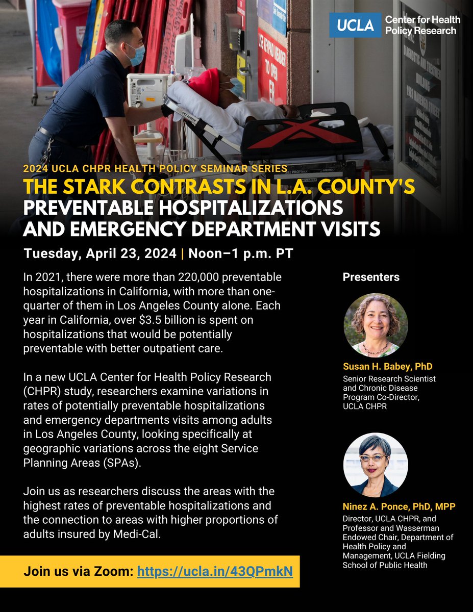 Join us on April 23 as we share findings from a new policy brief that examines variations in preventable hospitalizations and emergency departments visits among adults in LA County, including geographic variations across 8 Service Planning Areas (SPAs): ucla.in/43QPmkN.