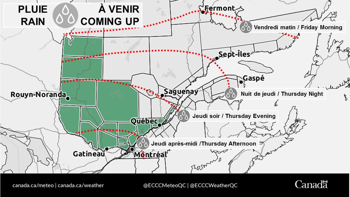 A rainfall event is expected as early as Thursday afternoon, with several areas reaching warning criteria. Here is a map showing start times and areas under warning for the event. For more info: Weather.gc.ca 
#QCStorm