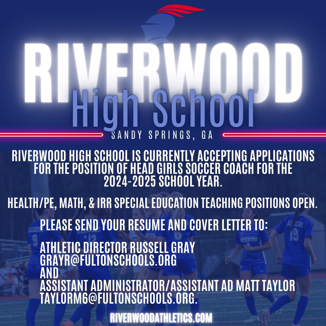 Riverwood is searching for its next Head Girls Soccer Coach. Great opportunity in Sandy Springs! @RiverwoodICS @ricsprincipal @LGlenn_FCS_AD @athletics_FCS @CoachGeorgia_ @FultonCoSchools @ps_nation_ @GACACoaches @GADACOACHES @scoreatlanta