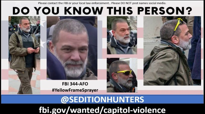 Please share across all platforms. Do you Know this man?? Please contact the FBI with 344-AFO tips.fbi.gov or contact us at admin@seditionhunters.org Please do not post names on social media #YellowFrameSprayer