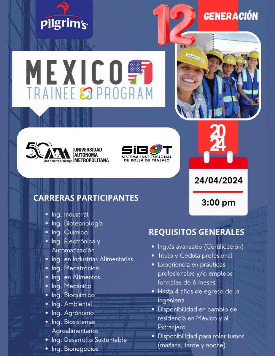 lauammx's tweet photo. Sesión informativa de la 12a. Generación del Programa de Trainees de Pilgrim´s
.
🗓️ Miércoles 24 de abril de 2024
⌚ 15:00 horas
ℹ️ Registro previo y gratuito en: https://t.co/ezM7syIhvz
▶️ Transmisión vía Teams
.
#UAM50 #VinculaciónUAM #SIBOT
#EgresadosUAM #Trainees https://t.co/o1KWl6u3wK