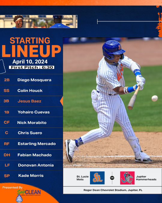 Game 5 of 132. 🆚: @GoHammerheads 🕡: 6:30 📍: @RDCstadium 📻: milb.com/st-lucie/fans/… Lineup 👇