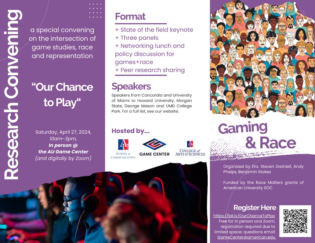 We are hosting a DC convening on Gaming & Race on Saturday, April 27. Especially for those near DC, including game researchers and developers. Hosted @auGameCenter. Includes lunch/networking, three panels, policy discussion. Some Zoom. RSVP, etc.: bit.ly/OurChanceToPlay