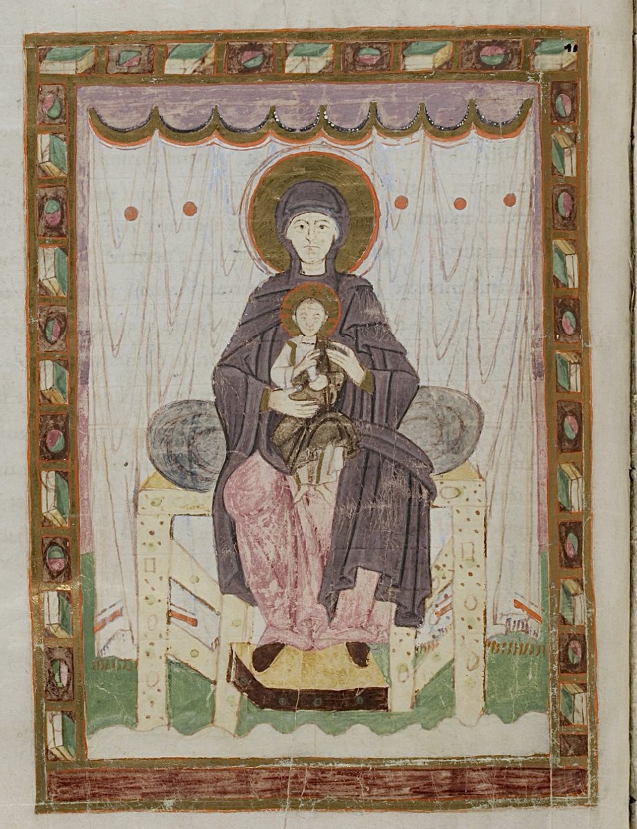 Enthroned Virgin Mary holding Christ child St. Gallen, Stiftsbibliothek, Cod. Sang. 376; Calendar, Computus, Tropary, Gradual, Sequentiary; middle of the 11th century; St. Gall; p.319 (e-codices.ch/en/list/one/cs…)